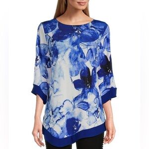 NEW Womens Size L Slim Factor Fading Floral Print 3/4 Sleeve AsymmetricalHem $69